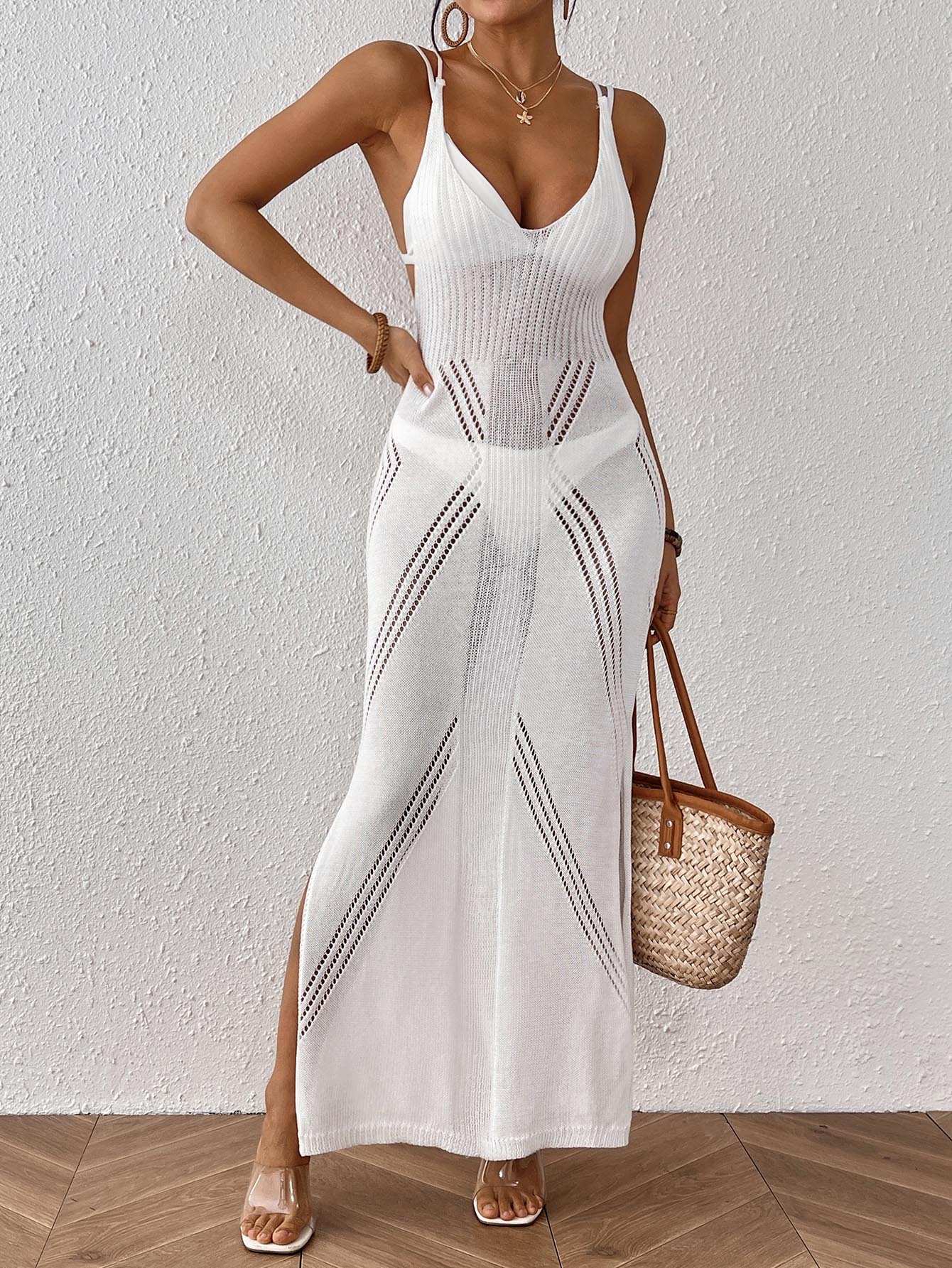Beach Knit Split Maxi Dress Sleeveless V-Neck Crochet Beach Cover Up